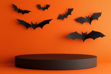 Fototapeta premium Creative Halloween composition with paper bats, podium and orange background. Suitable for Product Display and Business Concept with generative ai
