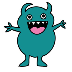 This cartoon illustration features a cheerful blue-green monster with a big open mouth and sharp, triangular teeth. The monster has two small horns on its head and wide, expressive eyes. Its body is r