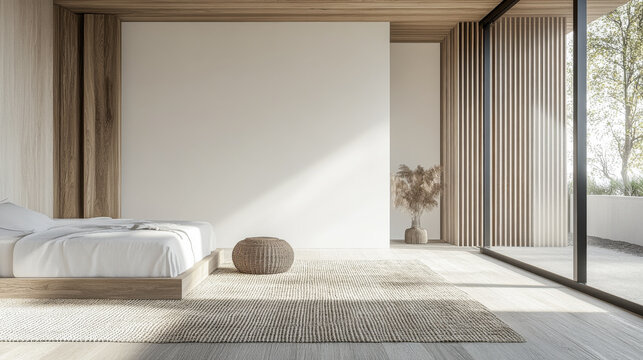 Empty room in a luxury property with natural lighting and ample copyspace.Premium realty interiors composition in neutral colors.