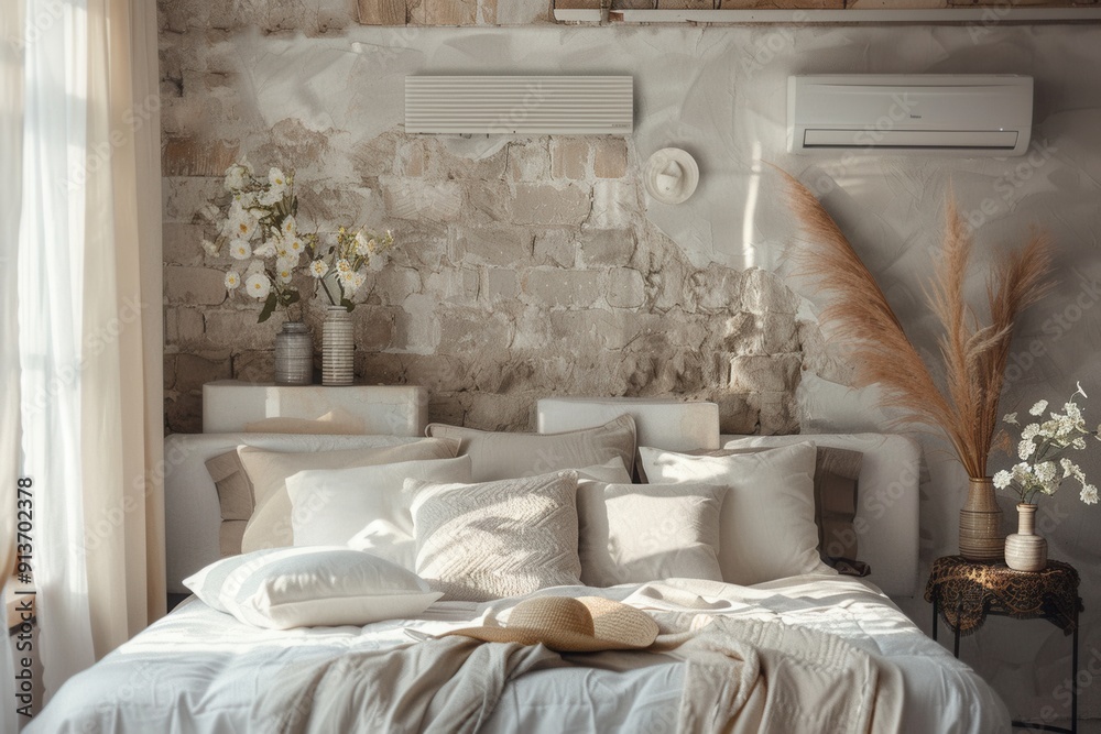 Poster a stylish living room features an air conditioner on the wall, complemented by decorative elements a