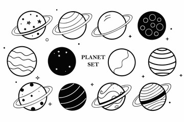 Set of silhouette black and white monoline planetarium space