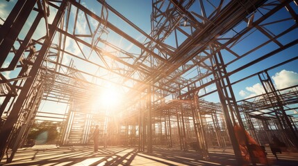 A steel structure framework under construction with a bright, clear sky showcasing the intricate details of the building process. The image symbolizes growth, progress, development, and resilience.