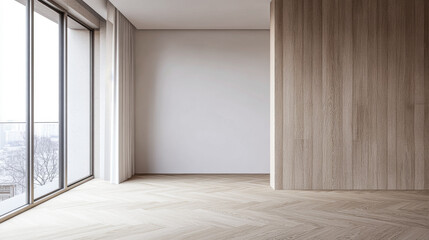Empty room in a luxury property with natural lighting and ample copyspace.Premium realty interiors composition in neutral colors.