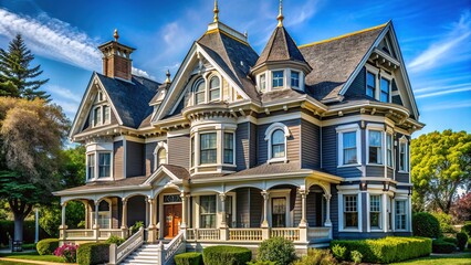 Classic Victorian-style house with ornate dormer windows and intricate details set against a stark black and white backdrop in Brighton, Massachusetts, USA.