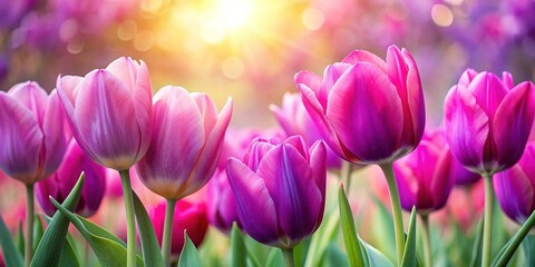 Fototapeta premium Vibrant pink and purple tulips bloom against a soft, blurred background, creating a stunning spring scene perfect for Easter or Valentine's Day celebrations.