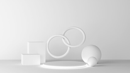 Minimalistic white background with a modern podium display.