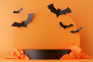 Creative Halloween composition with paper bats, podium and orange background. Suitable for Product Display and Business Concept with generative ai