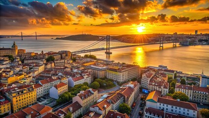 Aerial view of Lisbon's streets and buildings at sunset, with the 25 April Bridge, harbor, and...