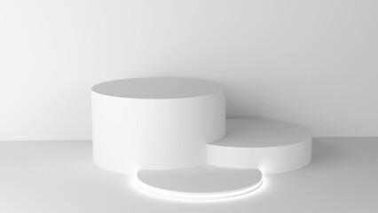 Minimalistic white background with a modern podium display.