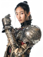 Fashion model asian young woman in trendy modern clothes combined with medieval knight armor. Female knight