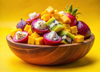 Vibrant tropical fruit salad featuring exotic mangosteen, mango, and dragon fruit cubes, creatively served in a dragon fruit skin bowl on a bright yellow background.