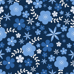 seamless floral pattern. Idea for fabric, tablecloth pattern, wrapping paper, gift paper. Print Ditsy. Motives are scattered randomly. blue flower pattern background. Hand drawn pattern. dark blue