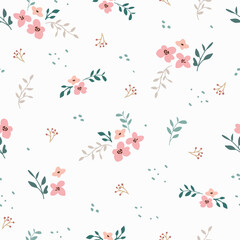 seamless floral pattern. Idea for fabric, tablecloth pattern, wrapping paper, gift paper. Print Ditsy. Motives are scattered randomly. pink flower pattern background. cute little pattern 