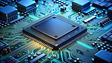 Fototapeta premium Modern microchips and intricate integrated circuits on a circuit board, symbolizing advanced technology and innovation in the semiconductor and electronics industry, with space below.