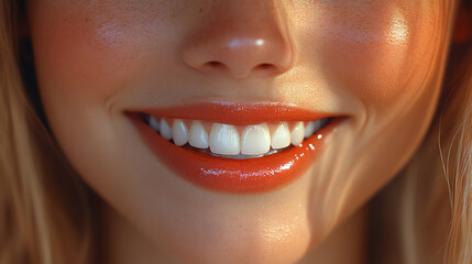 Radiant close-up of a smiling woman showcasing bright teeth and glossy lips, exuding warmth and positivity.