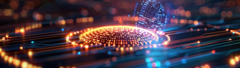 A vibrant digital circuit design featuring glowing lights and intricate patterns, symbolizing advanced technology and innovation.