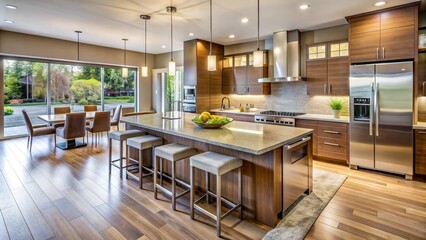 Contemporary residential kitchen interior featuring sleek cabinetry, granite countertops, and stainless steel appliances in a bright and airy open-plan living space.