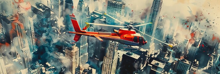 A vibrant watercolor painting depicting a red helicopter flying over a bustling cityscape, symbolizing adventure, urban exploration, aerial perspective, transportation, and modern city life.