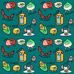 seamless pattern of grocery friends cartoon character for groovy fun repeatable background