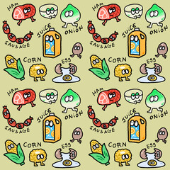 seamless pattern of grocery friends cartoon character for groovy fun repeatable background