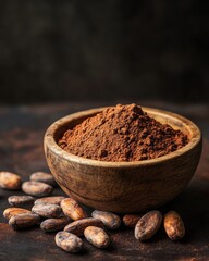 Wooden bowl filled with cocoa powder surrounded by cocoa beans, showcasing natural ingredients for baking and desserts.