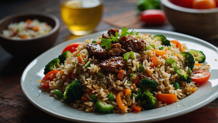 A plate of fried rice with meat, broccoli, carrots, and tomatoes. 
