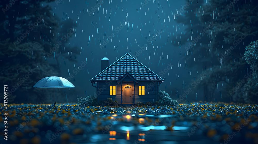 Canvas Prints Rainy Night House Illustration