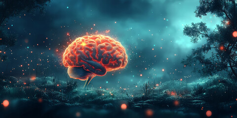 Obraz premium Glowing brain with swirling patterns depicting machine intelligence and data processing. Brainpower concept