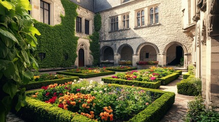 Fototapeta premium A castle with blooming gardens in its courtyard, featuring vibrant flowers and manicured hedges enhancing the historic charm