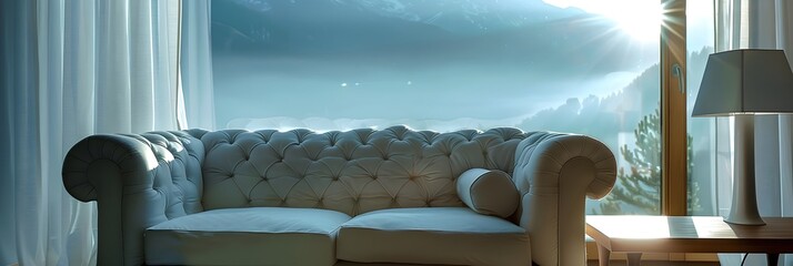 A cozy sofa in a room with a large window overlooking a serene landscape of rolling hills, lush meadows, and a cloudy summer sky
