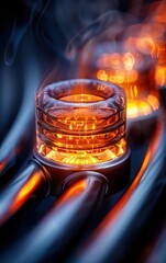 Close-up of a glowing circular element with smoke, highlighting an industrial aesthetic and intricate design.