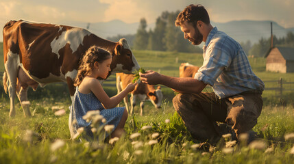 Fototapeta premium a man and a young girl are seen bonding with nature and livestock