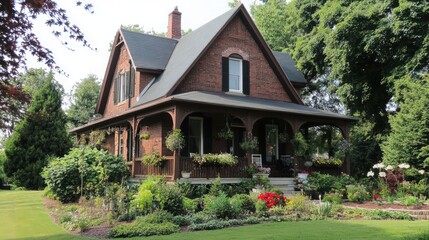 A charming 2-storey cottage featuring traditional brickwork, a gabled roof, and a cozy porch with lush garden landscaping