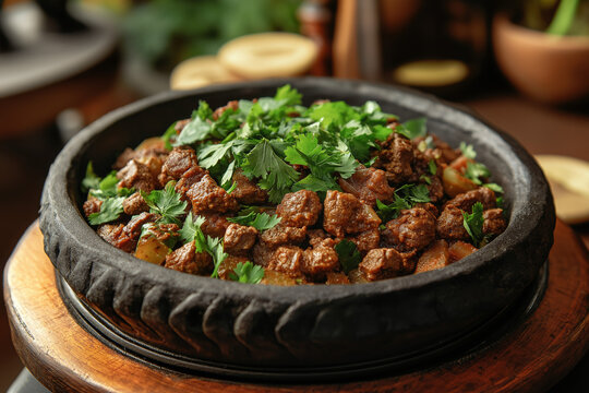 Kitfo, the aroma of spices filling the air, featuring a mix of raw minced beef seasoned with mitmita and niter kibbeh