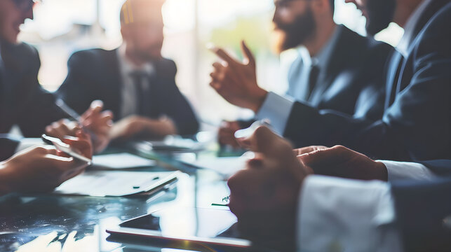 Group of diverse professionals brainstorming, sharing ideas and working together in modern office space.