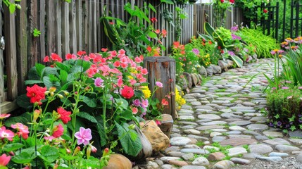 A charming flower garden with a mix of colorful begonias, fragrant lilies, and bright geraniums, bordered by a rustic wooden fence and a cobblestone path.
