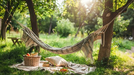 A charming hammock hanging between two trees in a sunny garden, with a picnic blanket spread out and a basket of refreshments nearby