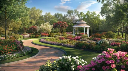 A charming public garden featuring a variety of colorful blooms, winding pathways, and a serene gazebo nestled among the flowers