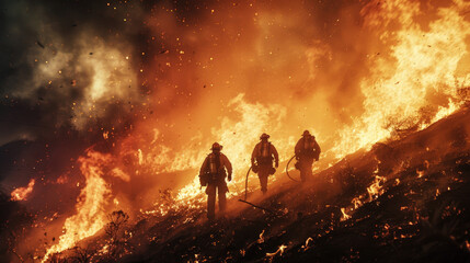 Obraz premium fireman overcome massive fire at forest 