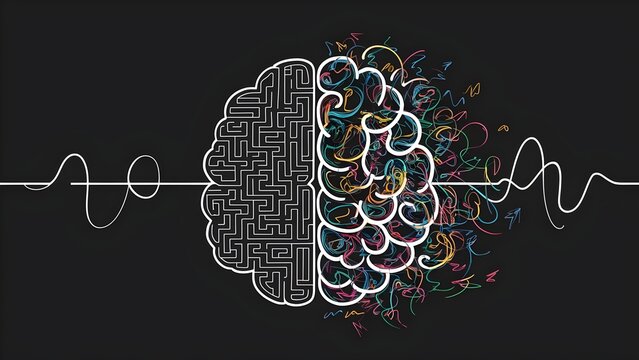 Human brain creativity vs logic chaos and order a continuous line drawing concept, organised vs disorganised left and right brain hemispheres as a chaos theory metaphor, one line vector illustration