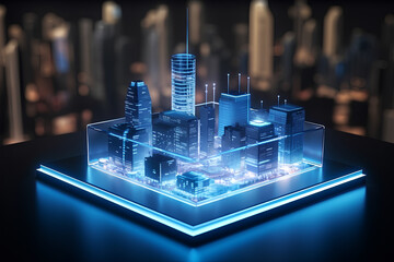Hologram blue 3d render city model on table in real estate business. Futuristic business building concept 