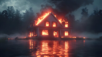 House engulfed in flames, reflecting on water.