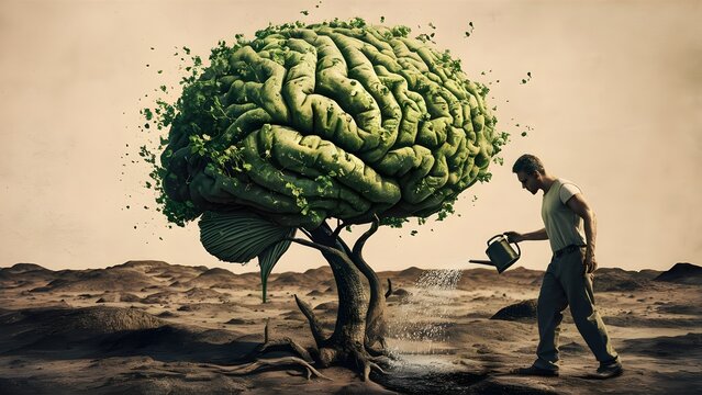 Surreal brain tree in a desolate land and a determined person watering it using a sprinkling can. Man splashes the green shrub using a water pot, taking care of mental health. Human mind concept