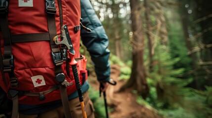 Fototapeta premium gear, including a multi-tool, trekking poles, and a first aid kit, with a forest trail in the background