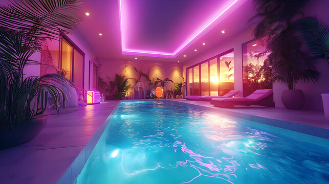 Indoor pool with pink lights and lounge chairs.
