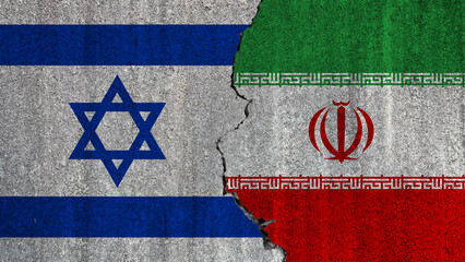 Israel against Iran, the flags of the two countries painted on a concrete wall separated by a crack