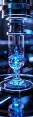 Futuristic laboratory scene featuring a glowing vial with blue liquid, showcasing advanced technology and research innovations.
