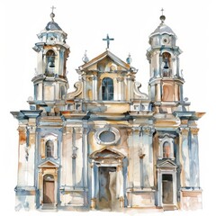 Watercolor painting of a baroque church, on isolated white background