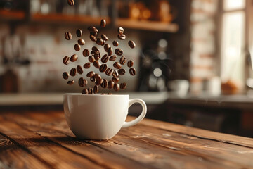 Mug of coffee on the table in the kitchen with levitating coffee beans flying above the cup. Invigorating morning, motivation to start the day concept