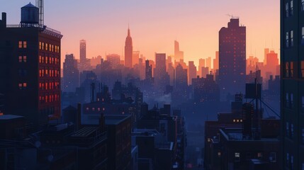 Create a panoramic view of a city skyline at dawn, with the first light of day breaking over the buildings
